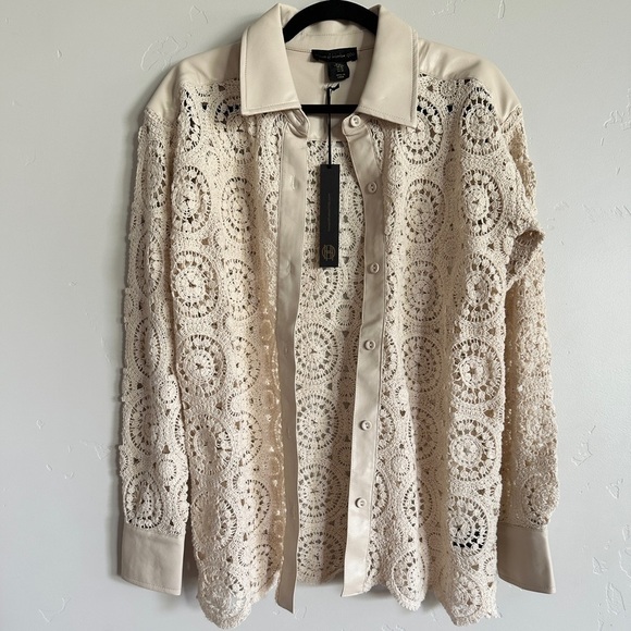 House of Harlow 1960 crochet / faux leather button down top XS - Picture 1 of 7